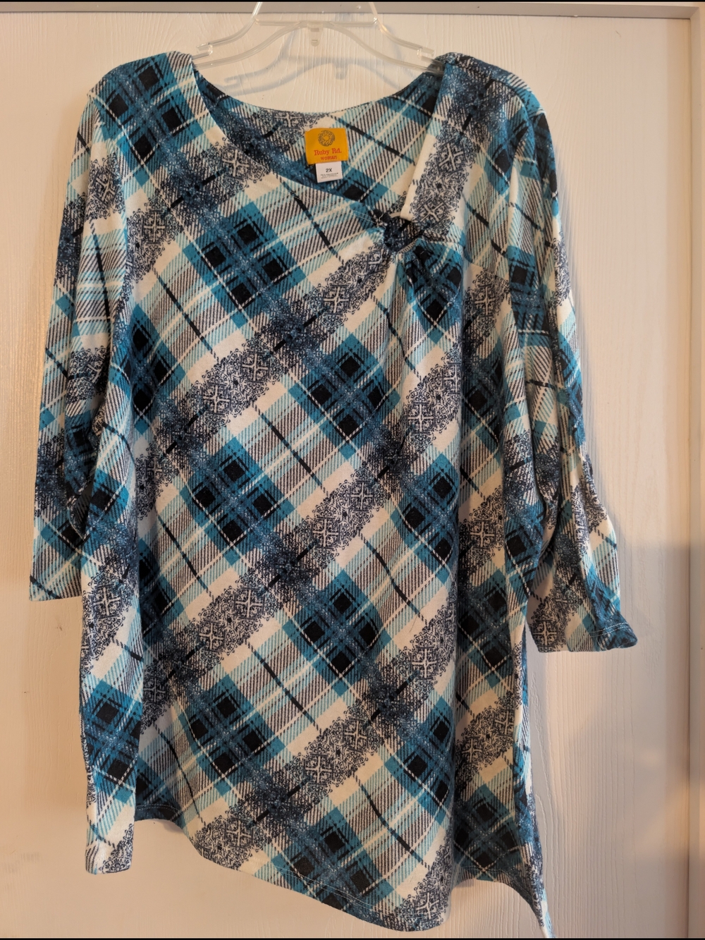 Ruby Rd. Blue and White Plaid Tunic with Twist Neck